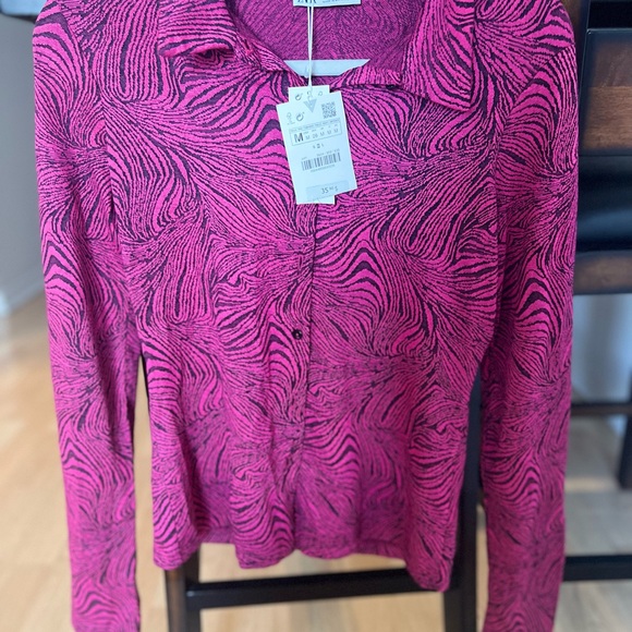 Zara Geometric Jacquard Shirt in Magenta/Black - Size M *New with tags* - Picture 2 of 11